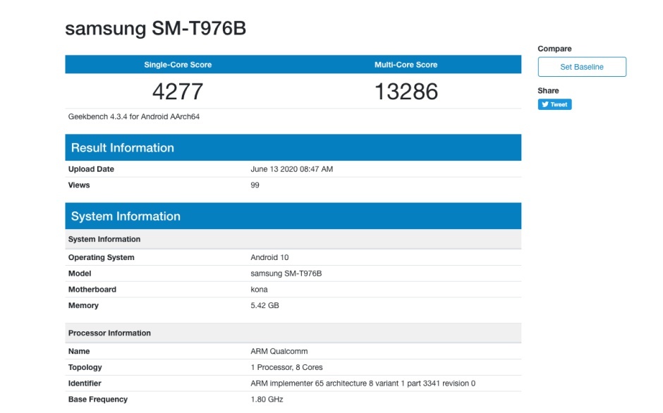 首個(gè)基準(zhǔn)測(cè)試表明三星Galaxy Tab S7 + 5G規(guī)格不錯(cuò)但不是很好