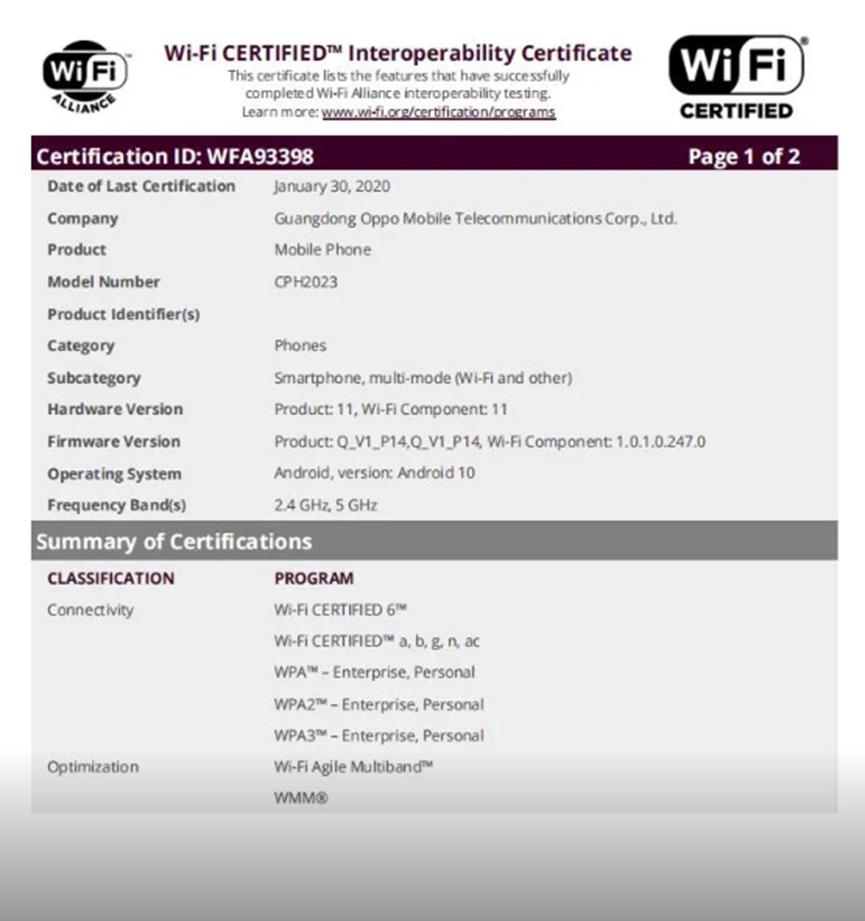在Wi-Fi Alliance網(wǎng)站上發(fā)現(xiàn)OPPO Find X2和Realme RMX2061