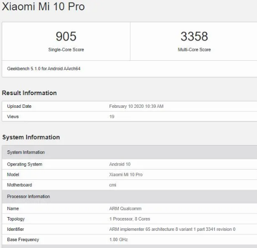 ?小米10 Pro Geekbench上市重申了Snapdragon 865 8GB RAM和Android 10